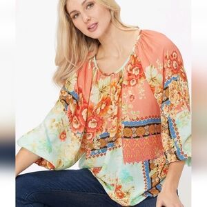 Tolani Patchwork Floral Blouse in Orange and Cream